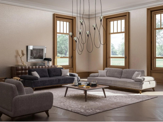 Olohuonekalusto harmaa kaksipaikkainen sova kolmipaikkaisella tekstiili-design sohvapöydällä