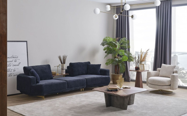 Sininen kolmipaikkainen sohva Valkoinen nojatuoli Designer olohuoneen sohvasti 2 kpl