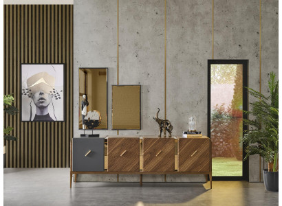 Virkistyskaappi 2x Peili Olohuone Ryhmä Puu Design Setti 3-osainen uusi ruskea