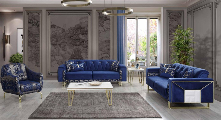 Luxus Sininen Sofasarja Designer Kolmipaikkainen sohvapöytä Sivupöytä
