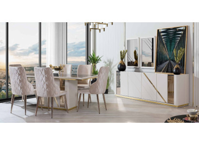 Beige ruostumaton teräs ruokailuryhmä designer ruokapöytä x6 tuolia lipasto