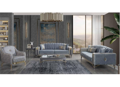 Ylellinen harmaa Chesterfield-verhoiltu sohvakalusto olohuoneeseen 3-istuttava tekstiilityyny tuoli