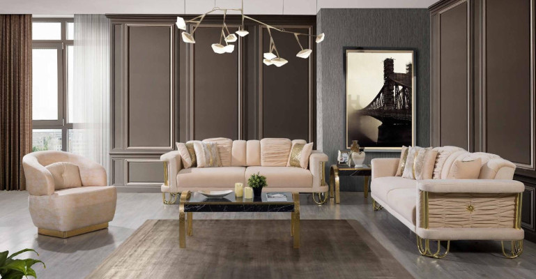 Olohuoneen beige sohvasti kolmen hengen sohva designer nojatuoli ryhmä
