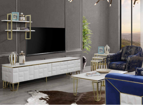 Tyylikäs olohuonekaluston osat, suunnittelija ruostumattomasta teräksestä hylly, moderni TV-taso.
