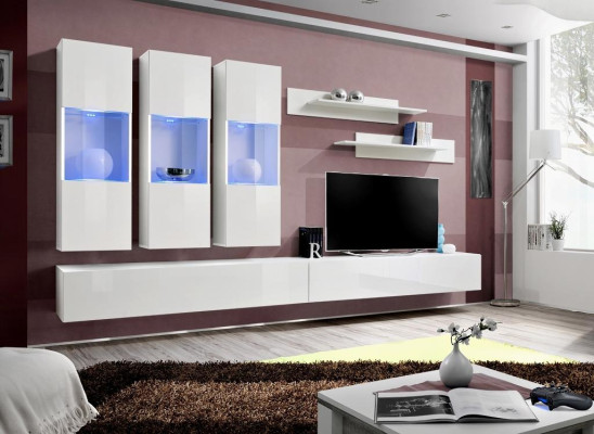 Olohuone RTV ripustusvitriini TV-taso puu design valkoinen moderni uusi setti 7-osainen.