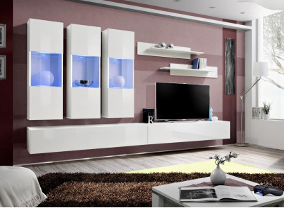 Olohuone RTV ripustusvitriini TV-taso puu design valkoinen moderni uusi setti 7-osainen.
