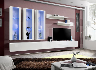 Valkoinen asetusseinä Design-ripustusvitriini TV-teline Sivukaappi Puu Moderni