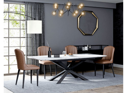 Ruokailuhuoneen design-huonekalut, istuinryhmä: pöytä + 4 nojatuolia, 5-osainen set.
