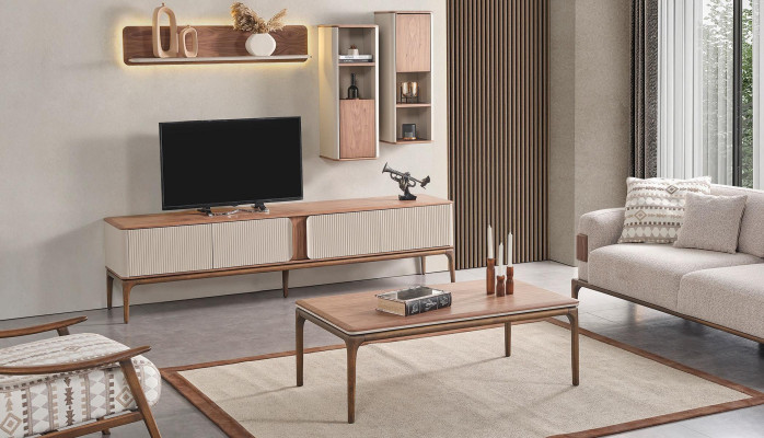 TV-taso Pöytäkomero Matala kaappi Sohvapöytä Olohuone Moderni Beige Puu