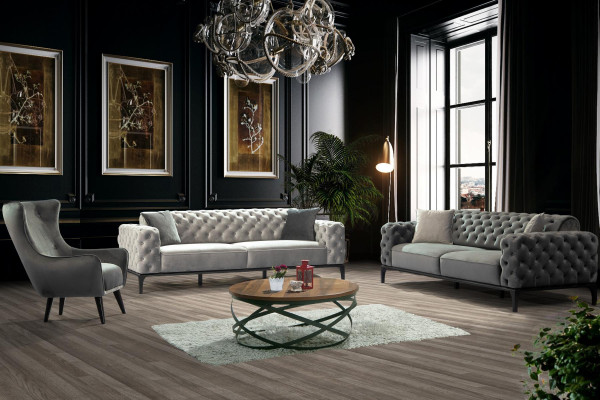 Chesterfield Sofagarnitur Sofa 3+1 Sitzer Stoff Grau Luxus Sofas Weiß