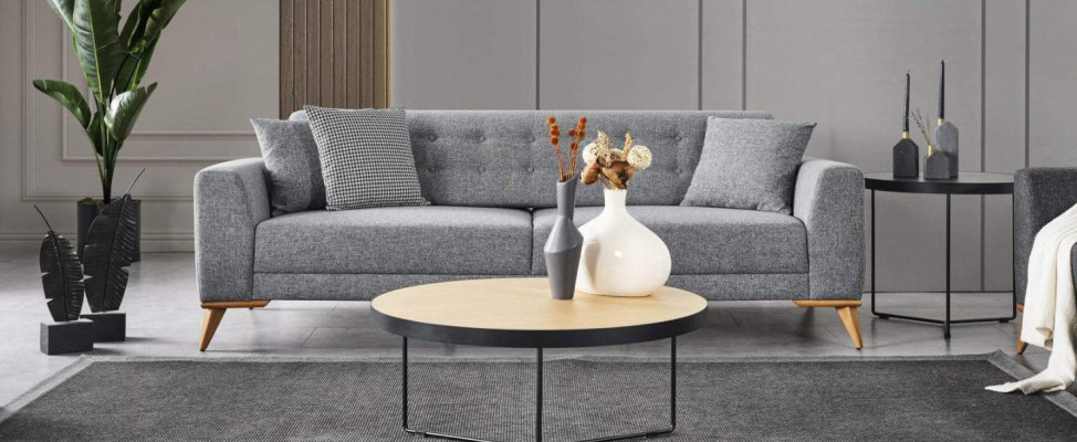 Moderni harmaa kolmenistuttava soiva tai kulmasohva, 223 cm, luxus-mökkeli olohuoneeseen