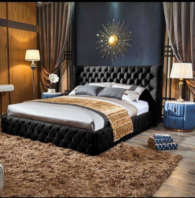 Chesterfield Musta Sänky Makuuhuone Sängyt Tekstiili Sametti Suuret Hotellisängyt