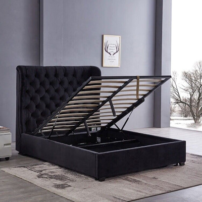 Musta Chesterfield-pehmustettu sänky - luksusmakuuhuoneen sisustusdesign, nahkaiset sängyt