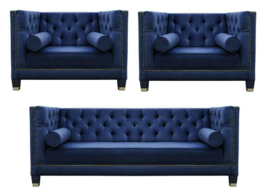 Chesterfield Sininen Sohvaryhmä 3-osainen Sarja Kulmasohva Istuinpatjaryhmä