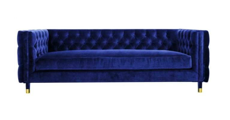 Sininen Chesterfield-sohva, suuri muotoilija, 4-istuttava, uusi tekstiilipäällysteinen sohva.