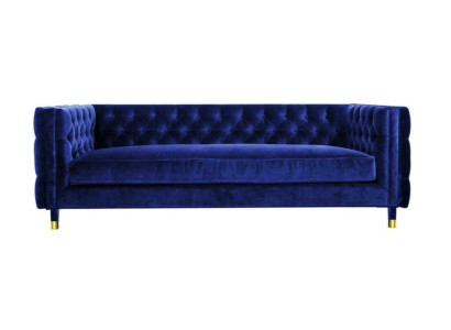 Sininen Chesterfield-sohva, suuri muotoilija, 4-istuttava, uusi tekstiilipäällysteinen sohva.
