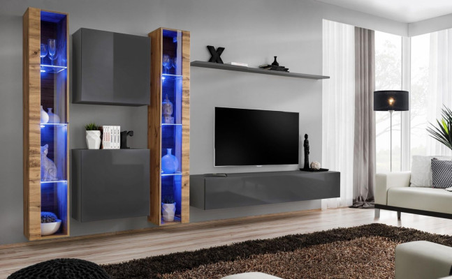 Luxus Komplett Set 6-osainen Olohuonekalusto Harmaa TV-taso Seinäkaappi Sivukaappi Moderni