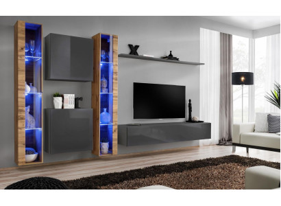 Luxus Komplett Set 6-osainen Olohuonekalusto Harmaa TV-taso Seinäkaappi Sivukaappi Moderni