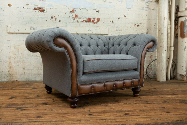 Chesterfield Design Stoff Couch Sessel 1.5 Sitzer Polster Sofas Lounge Samt Grau