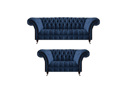 Sininen sohva Carnitur Chesterfield Textile Sohva Kolmejalkainen kaksi