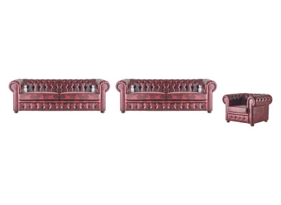 Klassinen nahka-sohva sohva 3-paikkainen sohva-sofagarnitur nojatuoli Chesterfield set 3tlg.