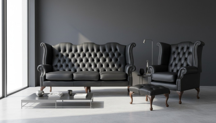 Schwarze Chesterfield Ledersofa Couch Polster Garnitur 3+1 Sitzer Ohrensessel