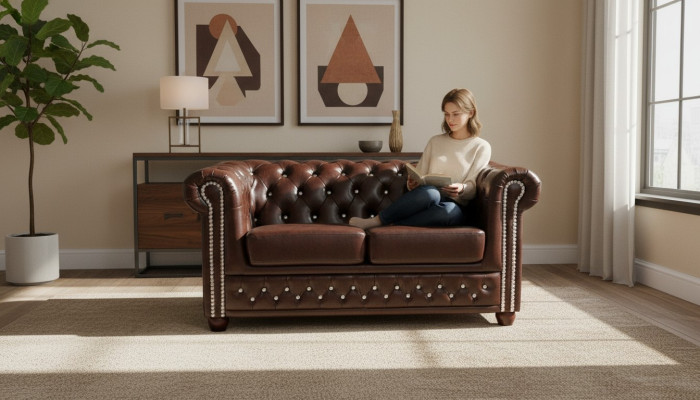 Klassinen hieno kaksipaikkainen Chesterfield-huonekalu tekstiilisohva design ruskea