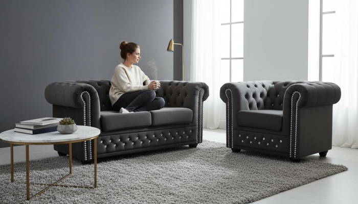 Chesterfield Tekstiili Istuinkaluste 2-Paikkainen Kangasohva Sohvat Istuimet Kaksipaikkainen Musta
