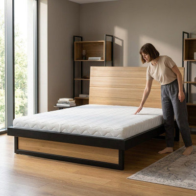Loft-sänky 140x200 cm Massiivipuinen makuuhuonekalut Aito puinen sänky Tammi Metalli