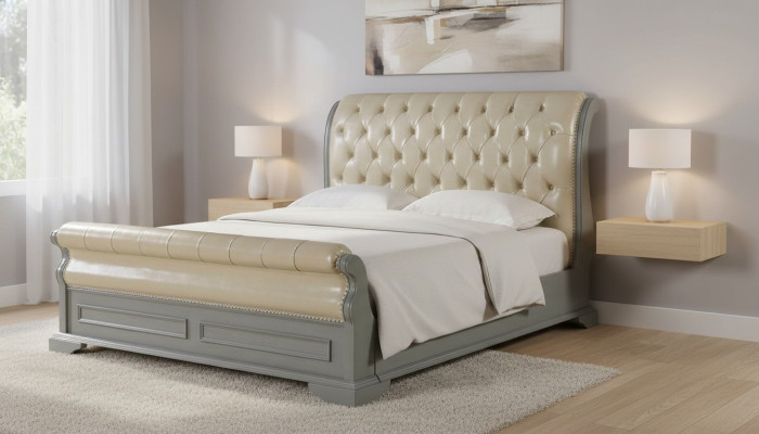 Chesterfield Design harmaa sänky 180x200 parisänky vuode peitetty nahka huonekalut