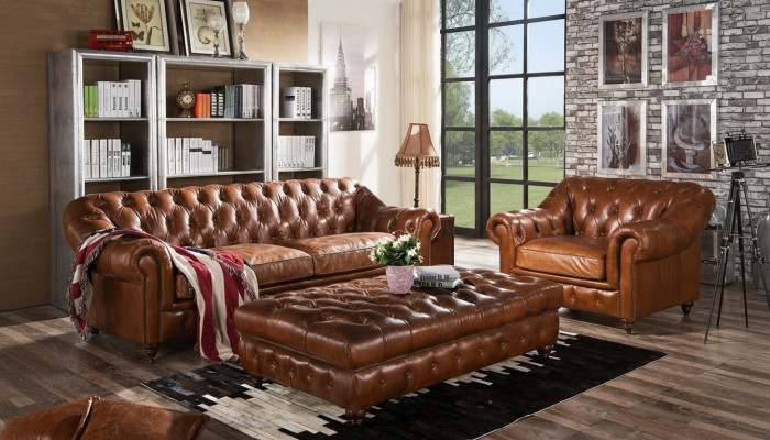 Vintage Chesterfield sohvakalusto Nahka-istuinsohva 3+1 -istuttava 2-osainen sarja