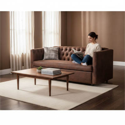 Amerikkalainen tyylinen Chesterfield-sohva nahkaverhoilu ruskea kolmen istuttava