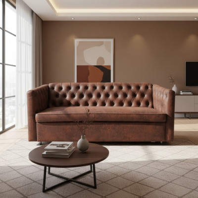 Amerikkalainen tyylinen Chesterfield-sohva nahkaverhoilu ruskea kolmen istuttava