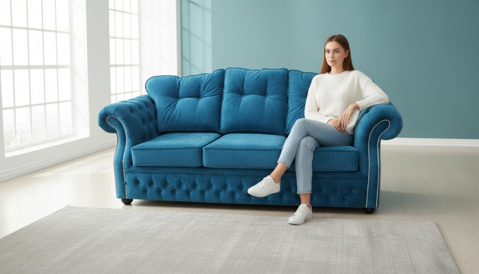 Sininen Chesterfield-kangasverhoiltu kolmen hengen sohva olohuoneen sohva design