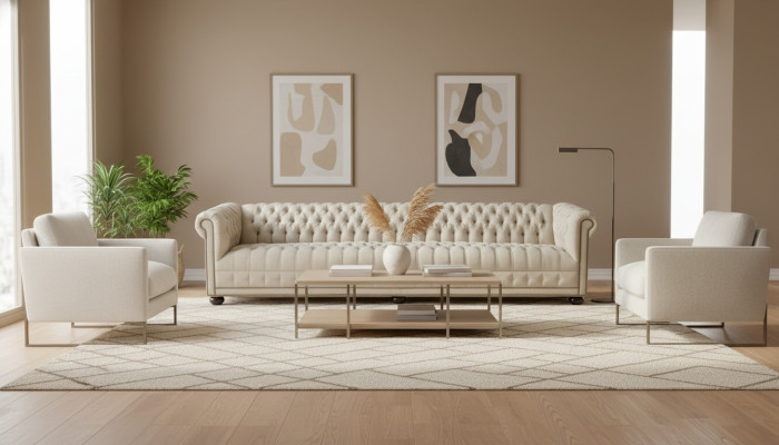 Creme Chesterfield olohuoneen neljän hengen sohva Design-sohva Huonekalut kangassohvat