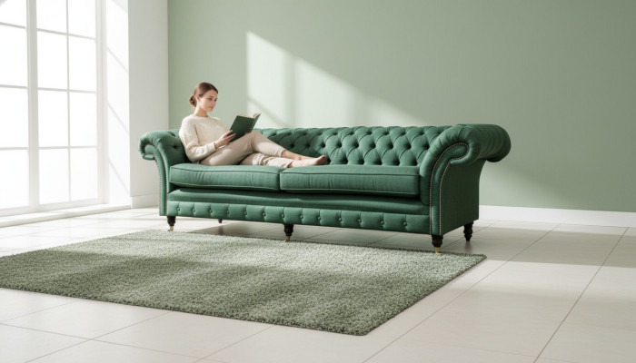 Chesterfield 4-istuttava tummanvihreä olohuoneen design-sohva, kulmasohva, suuri huonekalu, kangas