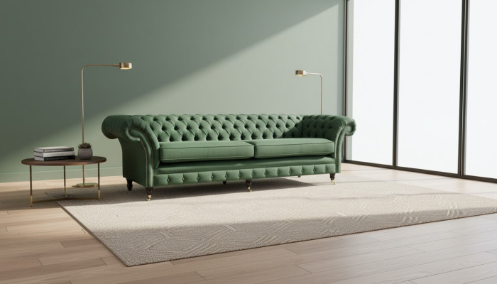 Chesterfield 4-istuttava tummanvihreä olohuoneen design-sohva, kulmasohva, suuri huonekalu, kangas
