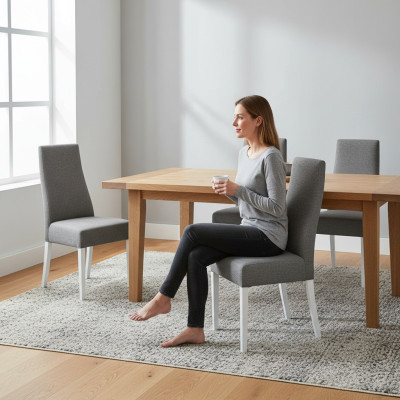 "Set Wohn" - Oikea puinen ruokailuryhmä "Lehn" - samettitekstiilituoli 6x tuolia