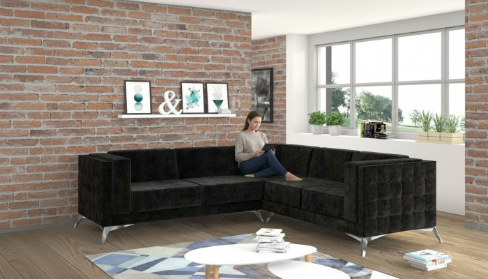 Musta samettinen muotoilu Kulmasohva Chesterfield-sohva Istuma-alue kangas istuin