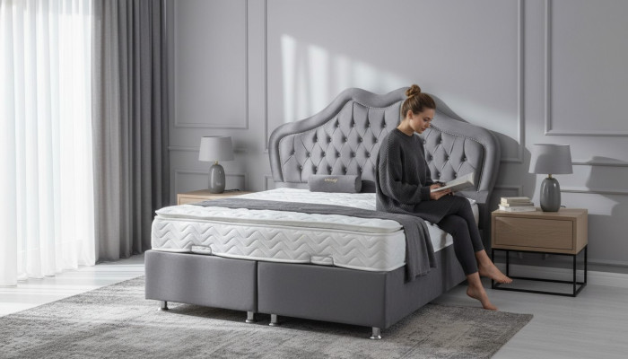 Bett Grau Kaksipaikkainen sänky Boxspring-sänky Tyylikäs kangas Chesterfield 160x200