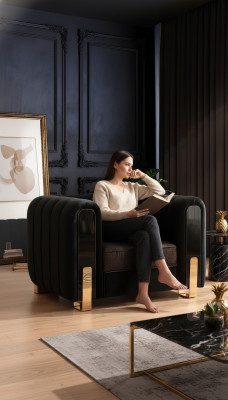 Schwarzer Sessel Ohrensessel Luxus Design Wohnzimmer Einsitzer Modern