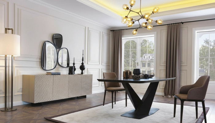 Ruokapöytä Pöytä 4x Tuoli Kaappi Peili 7-osainen Design Ryhmä Kalustesetti