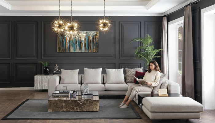 Asumismaisema Kulmasohva Sofa L-muotoinen sova Istuintekstiili Tyyny Design