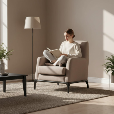Olohuoneen nojatuoli designsoiva luksus istuin moderni ruskea puu tekstiili
