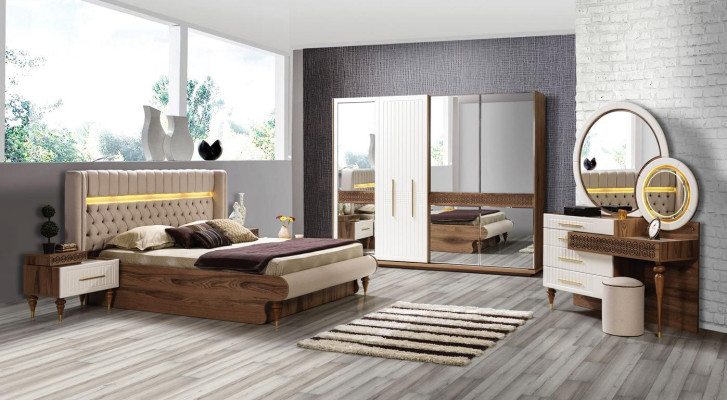 Makuuhuoneen sänky 2x yöpöytä 5-osainen setti kokonaisvaltainen design-huonekaluet luxus