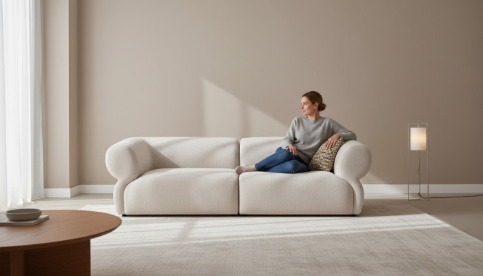 Sohva Istuinkaluste Kolmipaikkainen Kolmepaikkainen modernin muotoiluinen sohva beige