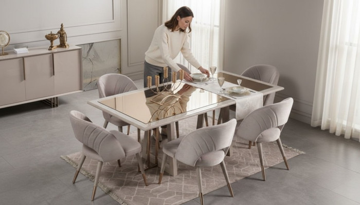 Esszimmermöbel Set Esszimmer Garnitur 7tlg Esstisch Stühle Beige Holz