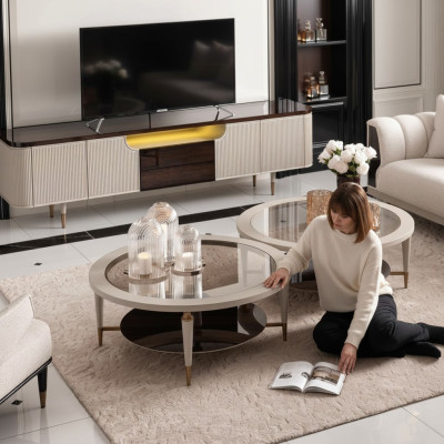 Ryhmä sohva- ja sivupöydät sarja 2 kpl kahvipöydät beige puu