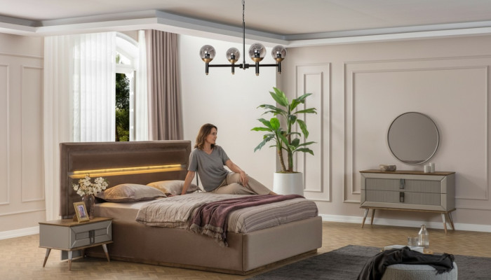 Beige makuuhuoneen luxus-huonekalut suunnittelijan kaksoissänky 2x yöpöytää 5-osainen