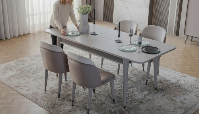 Ylellinen avattava pöytä, design moderni ruokailuhuone, tekstiilityyliset tuolit